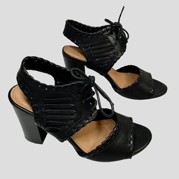Restricted Faux Leather Black Woven Sandals Block Heels Tie Laces Pumps Summer - Picture 3 of 9